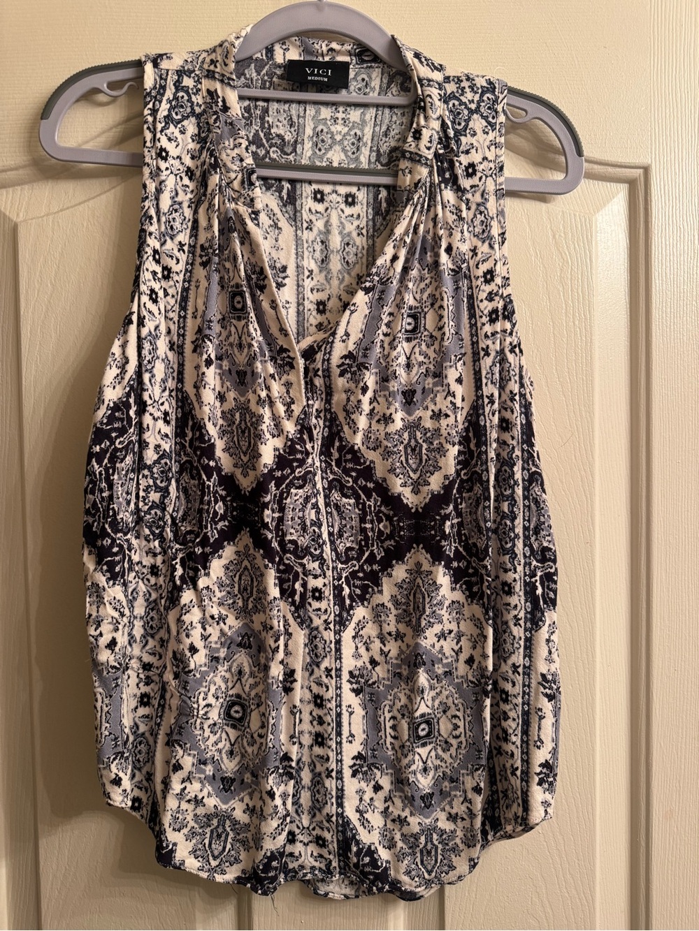 VICI Cream & Blue Printed Sleeveless Blouse